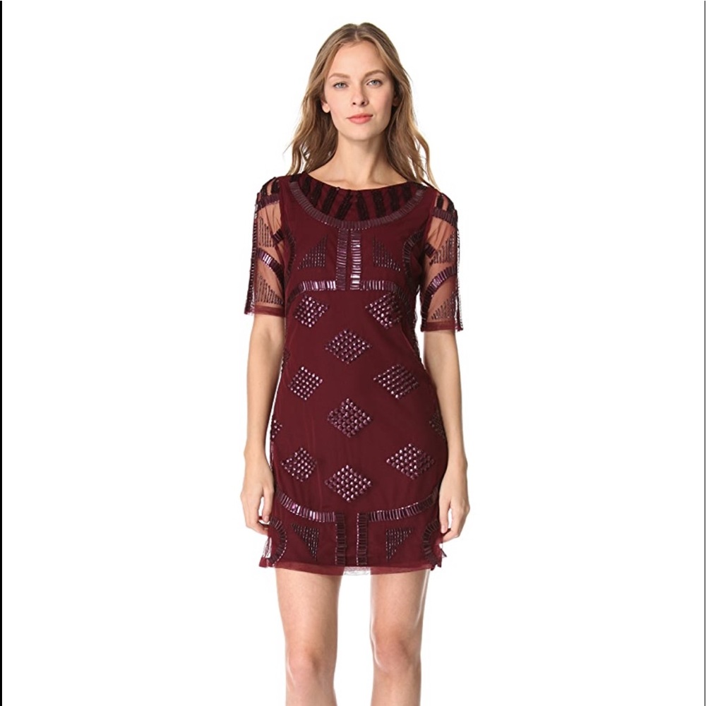 Burgundy Beaded Mesh Dress Lined In Soft Jersey.